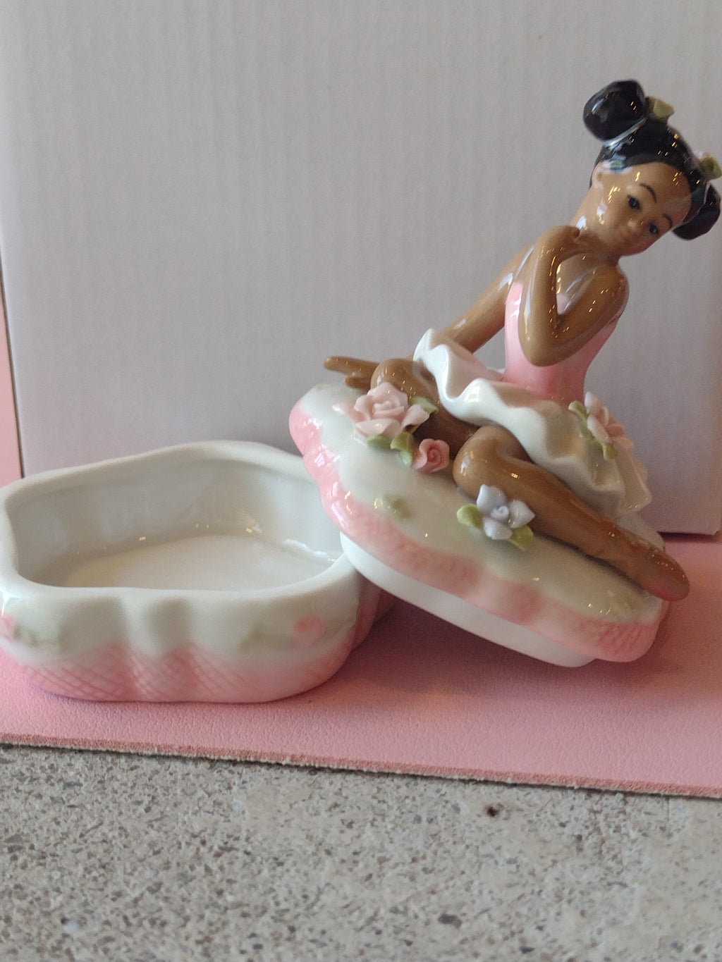 Porcelain African American Ballerina with Pink Dress Trinket Box