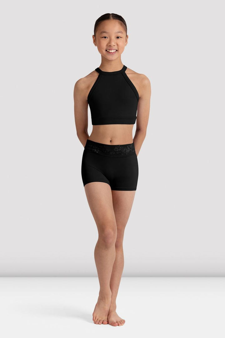 Bloch Girls' High-Waisted Dance Shorts with Floral Embroidery CR90003