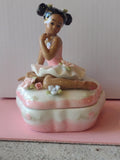 Porcelain African American Ballerina with Pink Dress Trinket Box